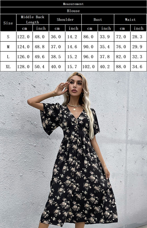 Kadın Çiçekli V Yaka Midi Elbise – Kısa Lotus Kollu ve Yüksek Bel