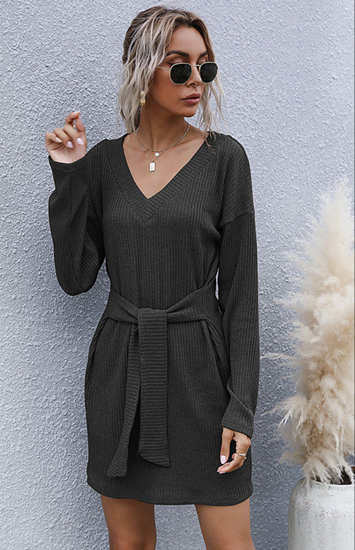 Long Sleeve V-Neck Sweater Dress – Elegant Bat Sleeves & Mid-Waist Fit
