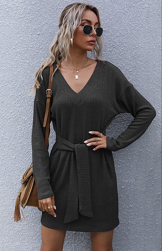 Long Sleeve V-Neck Sweater Dress – Elegant Bat Sleeves & Mid-Waist Fit