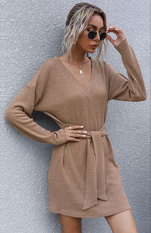 Long Sleeve V-Neck Sweater Dress – Elegant Bat Sleeves & Mid-Waist Fit