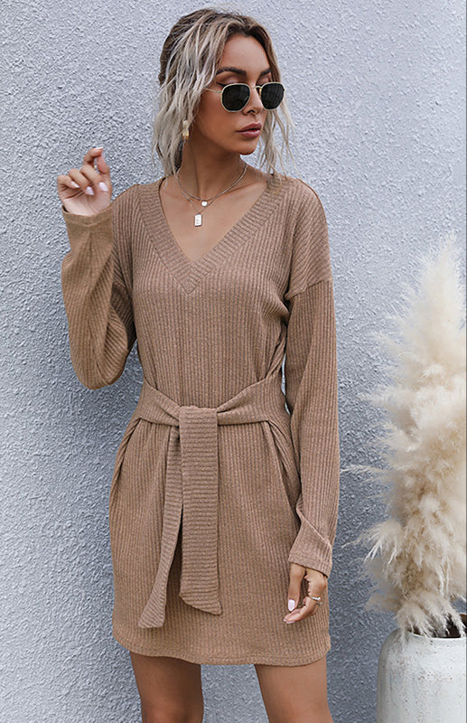 Long Sleeve V-Neck Sweater Dress – Elegant Bat Sleeves & Mid-Waist Fit