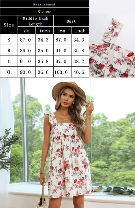 Chiffon Floral Ruffle Slip Dress – High Waist Square Neck Summer Look