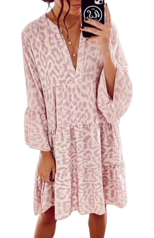 Leopard Print Long Sleeve V-Neck Midi Dress – Retro High-Waist Fit