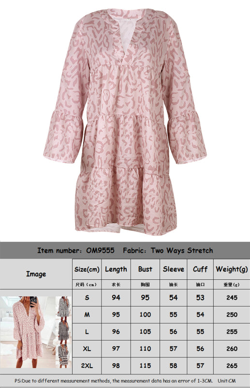 Leopard Print Long Sleeve V-Neck Midi Dress – Retro High-Waist Fit