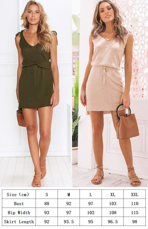 V-Neck Sleeveless Tie-Waist Irregular Hem Dress – Casual Knit Style