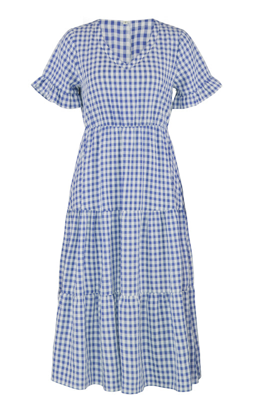 Plaid Short Sleeve Swing Midi Dress – Spring-Summer Lightweight Elegance