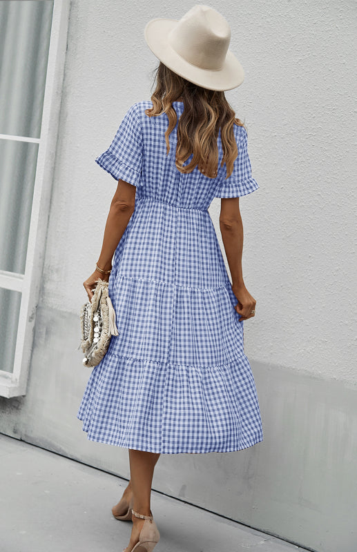 Plaid Short Sleeve Swing Midi Dress – Spring-Summer Lightweight Elegance