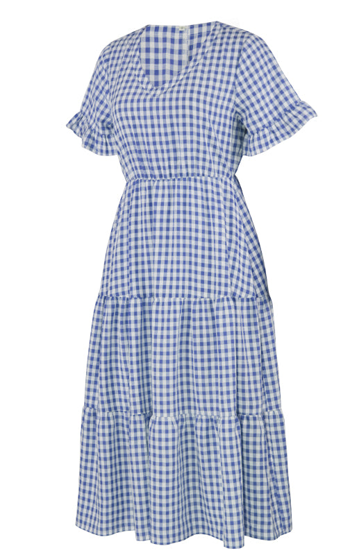 Plaid Short Sleeve Swing Midi Dress – Spring-Summer Lightweight Elegance