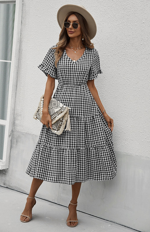Plaid Short Sleeve Swing Midi Dress – Spring-Summer Lightweight Elegance