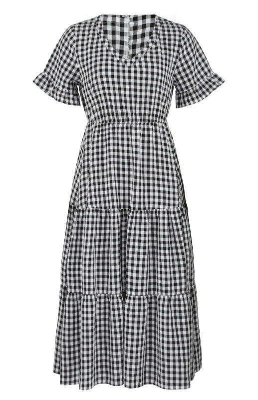 Plaid Short Sleeve Swing Midi Dress – Spring-Summer Lightweight Elegance
