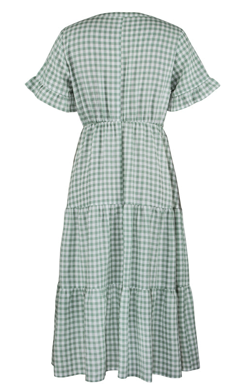 Plaid Short Sleeve Swing Midi Dress – Spring-Summer Lightweight Elegance