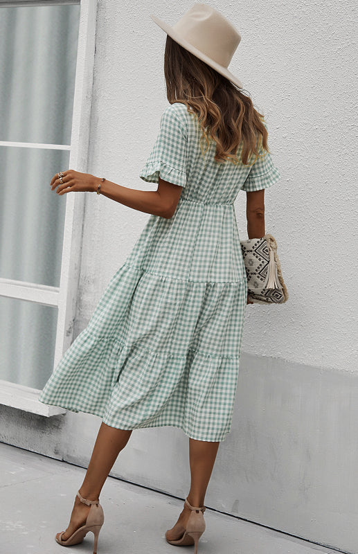 Plaid Short Sleeve Swing Midi Dress – Spring-Summer Lightweight Elegance