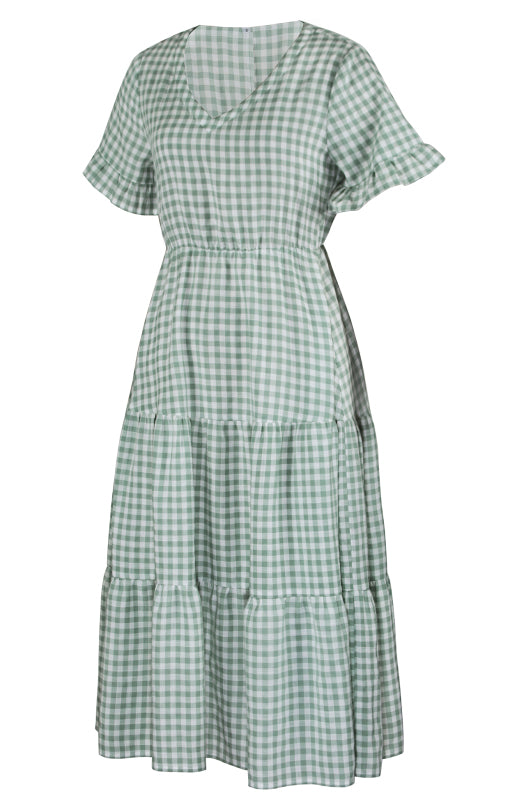 Plaid Short Sleeve Swing Midi Dress – Spring-Summer Lightweight Elegance