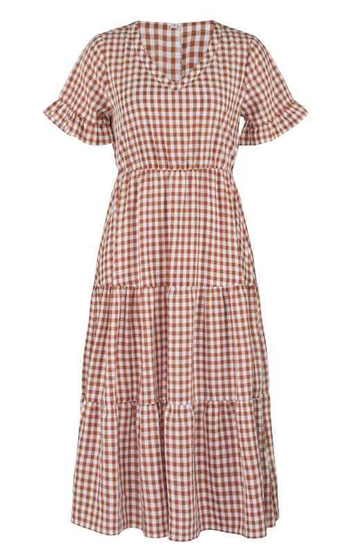 Plaid Short Sleeve Swing Midi Dress – Spring-Summer Lightweight Elegance