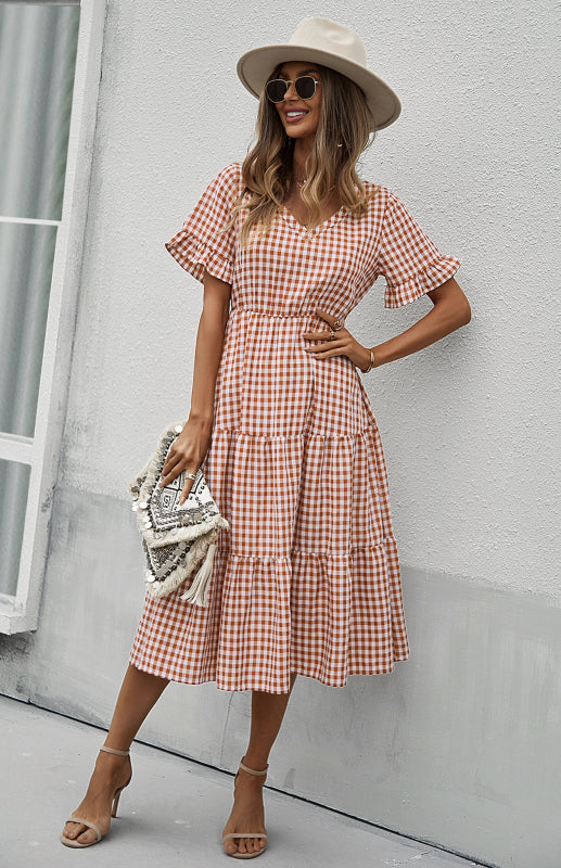 Plaid Short Sleeve Swing Midi Dress – Spring-Summer Lightweight Elegance