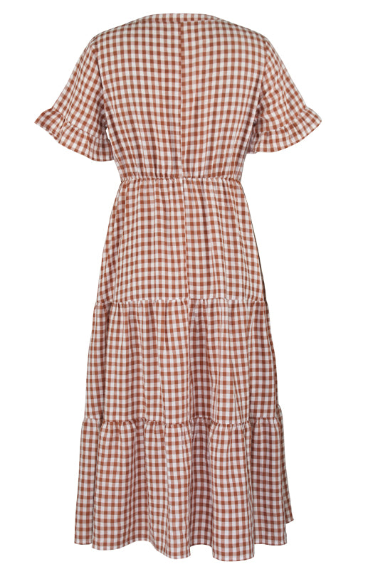 Plaid Short Sleeve Swing Midi Dress – Spring-Summer Lightweight Elegance