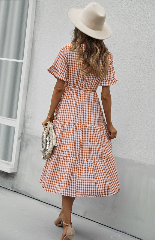Plaid Short Sleeve Swing Midi Dress – Spring-Summer Lightweight Elegance