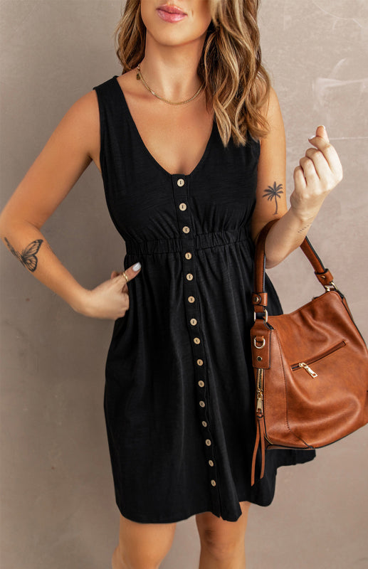 Casual V-Neck Sleeveless A-Line Dress – Button Front & Stretch Waist