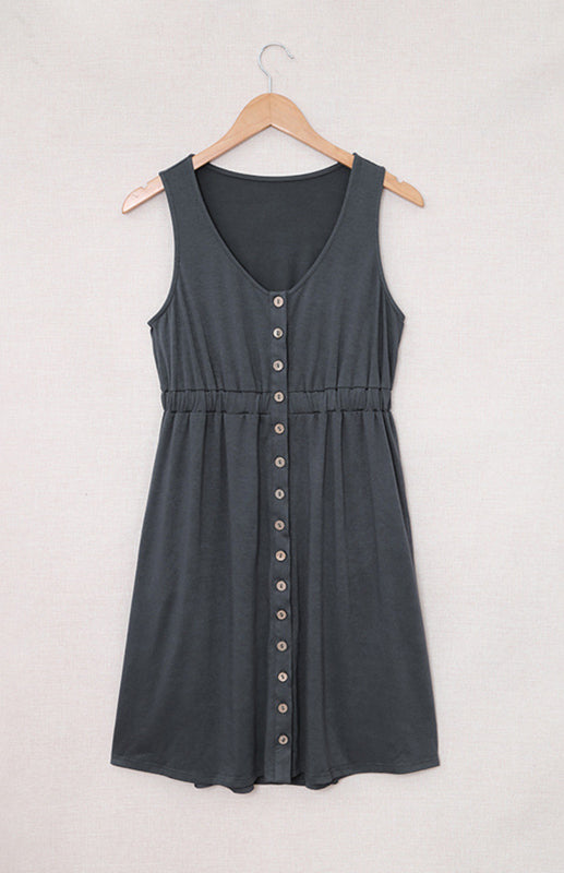 Casual V-Neck Sleeveless A-Line Dress – Button Front & Stretch Waist