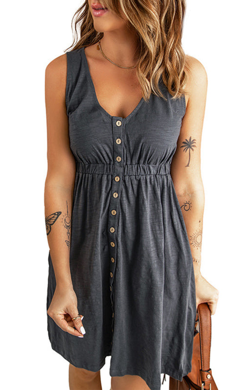 Casual V-Neck Sleeveless A-Line Dress – Button Front & Stretch Waist