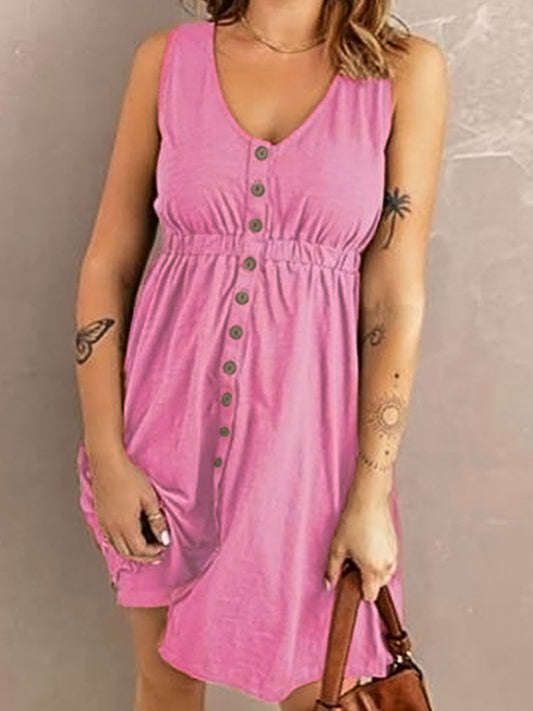 Casual V-Neck Sleeveless A-Line Dress – Button Front & Stretch Waist