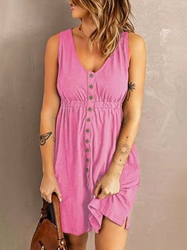 Casual V-Neck Sleeveless A-Line Dress – Button Front & Stretch Waist