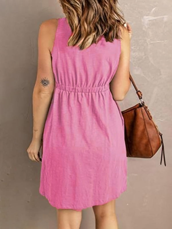 Casual V-Neck Sleeveless A-Line Dress – Button Front & Stretch Waist
