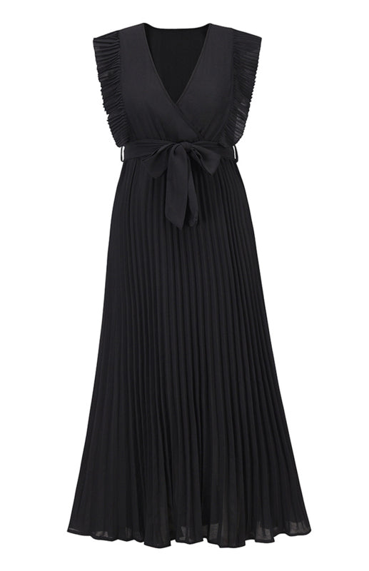 Chiffon Pleated Midi Dress with Petal Sleeves – Slim Fit, V-Neck, Solid Color