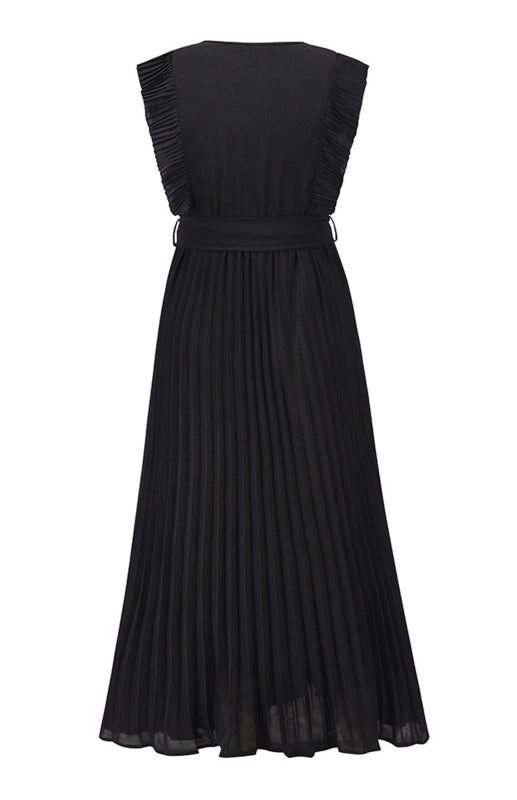 Chiffon Pleated Midi Dress with Petal Sleeves – Slim Fit, V-Neck, Solid Color