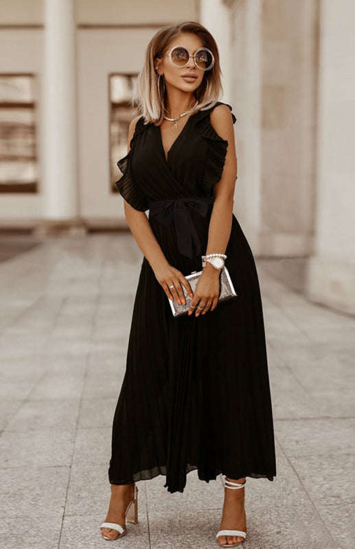 Chiffon Pleated Midi Dress with Petal Sleeves – Slim Fit, V-Neck, Solid Color