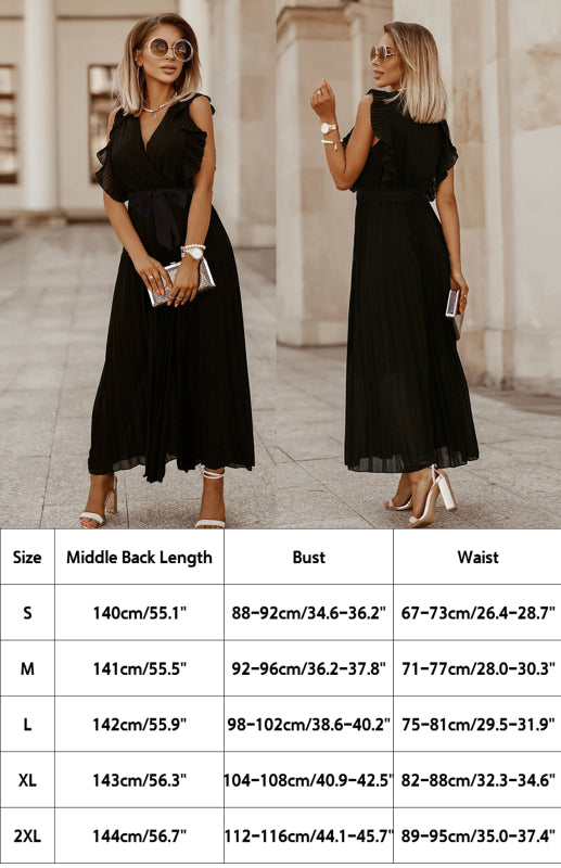 Chiffon Pleated Midi Dress with Petal Sleeves – Slim Fit, V-Neck, Solid Color