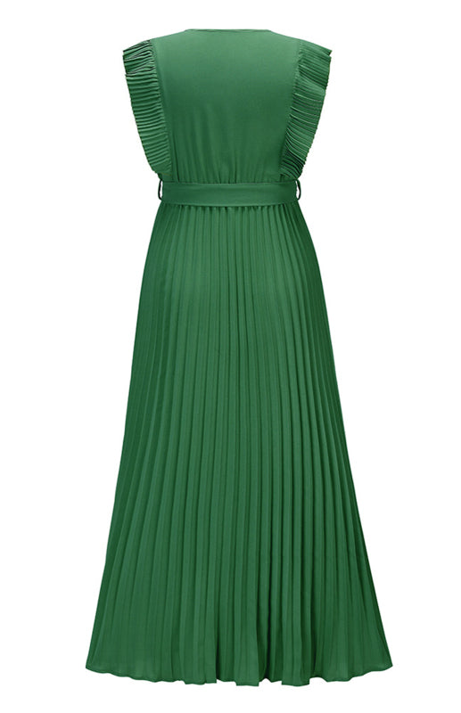 Chiffon Pleated Midi Dress with Petal Sleeves – Slim Fit, V-Neck, Solid Color