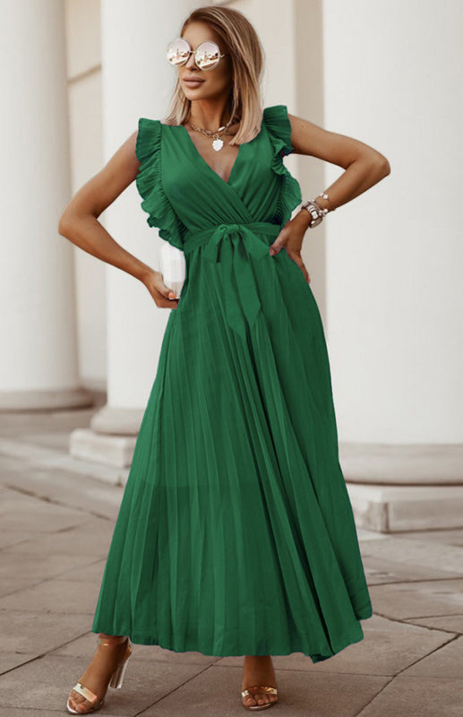 Chiffon Pleated Midi Dress with Petal Sleeves – Slim Fit, V-Neck, Solid Color