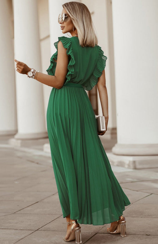 Chiffon Pleated Midi Dress with Petal Sleeves – Slim Fit, V-Neck, Solid Color