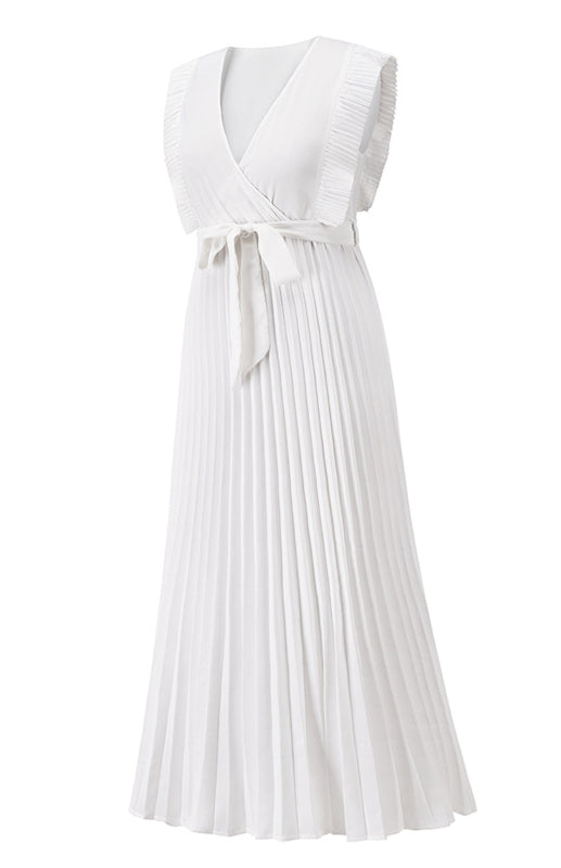 Chiffon Pleated Midi Dress with Petal Sleeves – Slim Fit, V-Neck, Solid Color