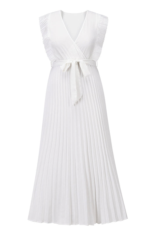 Chiffon Pleated Midi Dress with Petal Sleeves – Slim Fit, V-Neck, Solid Color