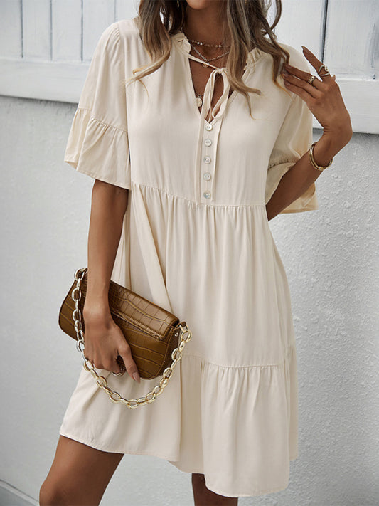 Solid Color Tiered Viscose Dress – Short Sleeve Casual Midi for Spring & Summer