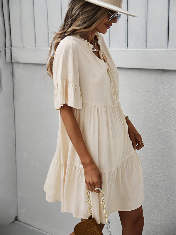 Solid Color Tiered Viscose Dress – Short Sleeve Casual Midi for Spring & Summer