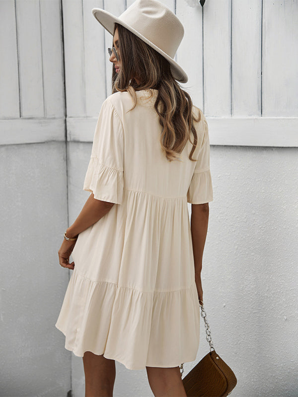 Solid Color Tiered Viscose Dress – Short Sleeve Casual Midi for Spring & Summer
