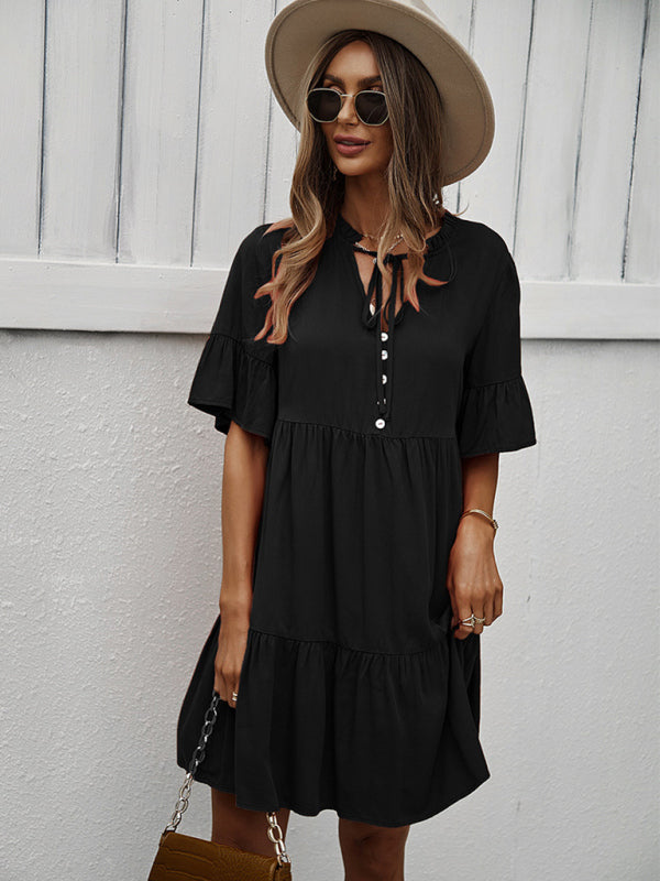 Solid Color Tiered Viscose Dress – Short Sleeve Casual Midi for Spring & Summer