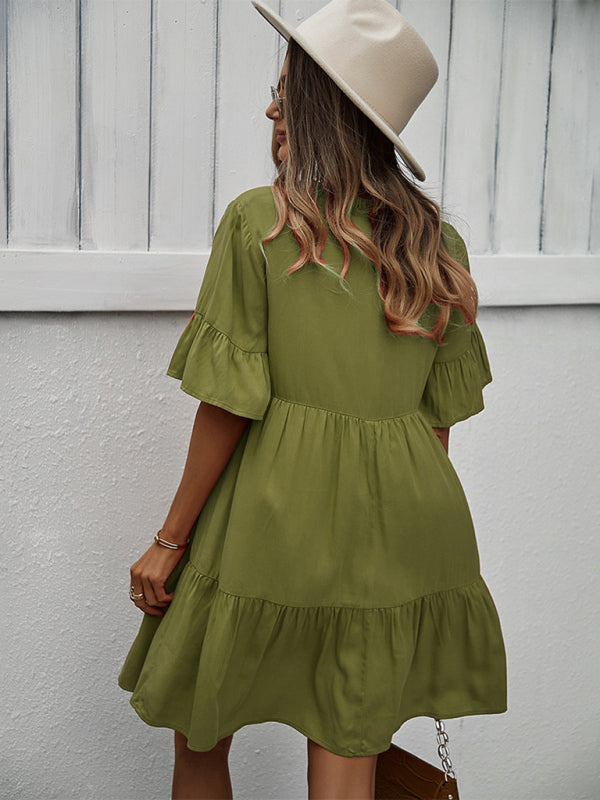 Solid Color Tiered Viscose Dress – Short Sleeve Casual Midi for Spring & Summer