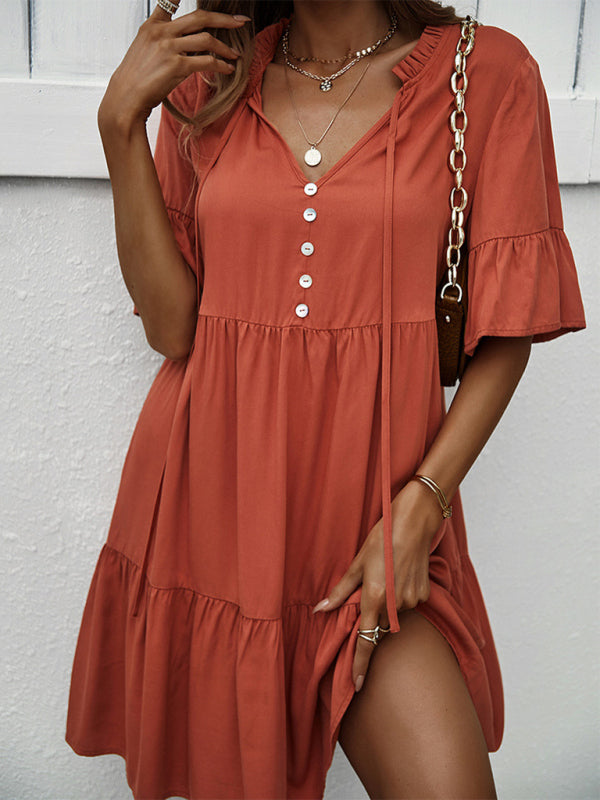 Solid Color Tiered Viscose Dress – Short Sleeve Casual Midi for Spring & Summer