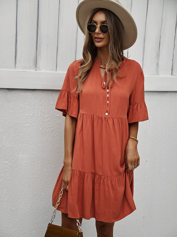 Solid Color Tiered Viscose Dress – Short Sleeve Casual Midi for Spring & Summer