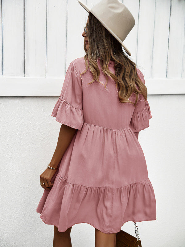 Solid Color Tiered Viscose Dress – Short Sleeve Casual Midi for Spring & Summer