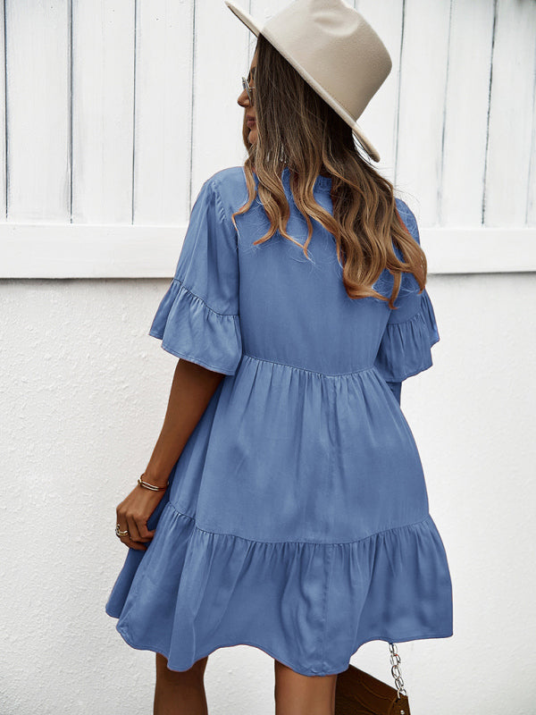 Solid Color Tiered Viscose Dress – Short Sleeve Casual Midi for Spring & Summer
