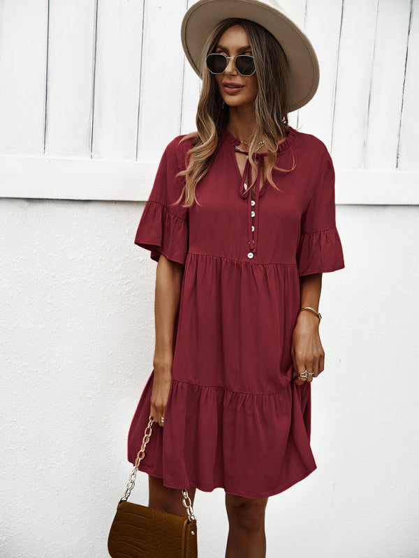 Solid Color Tiered Viscose Dress – Short Sleeve Casual Midi for Spring & Summer