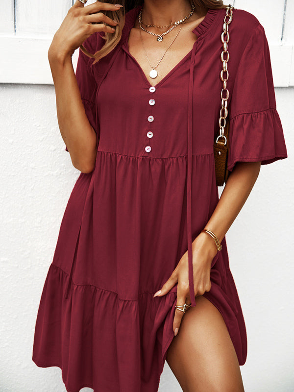 Solid Color Tiered Viscose Dress – Short Sleeve Casual Midi for Spring & Summer