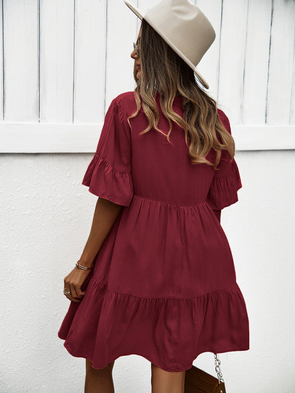 Solid Color Tiered Viscose Dress – Short Sleeve Casual Midi for Spring & Summer