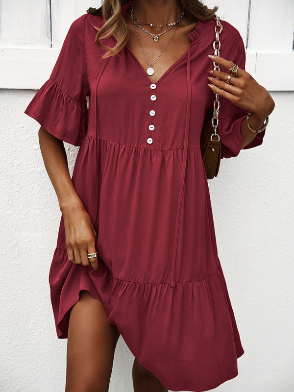 Solid Color Tiered Viscose Dress – Short Sleeve Casual Midi for Spring & Summer