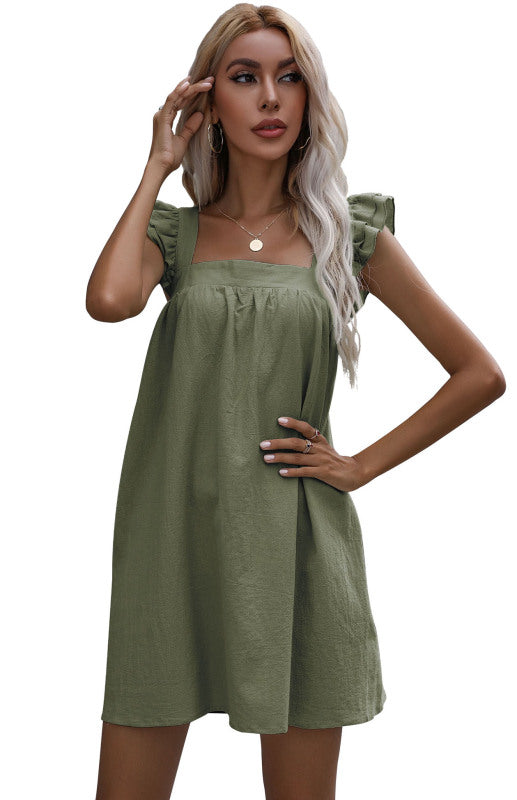 Sleeveless Cotton-Linen Ruffle Mini Dress – Square Neck Summer Casual